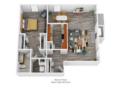 Floor plan for 1 bed, 1 bath, 902 sqft